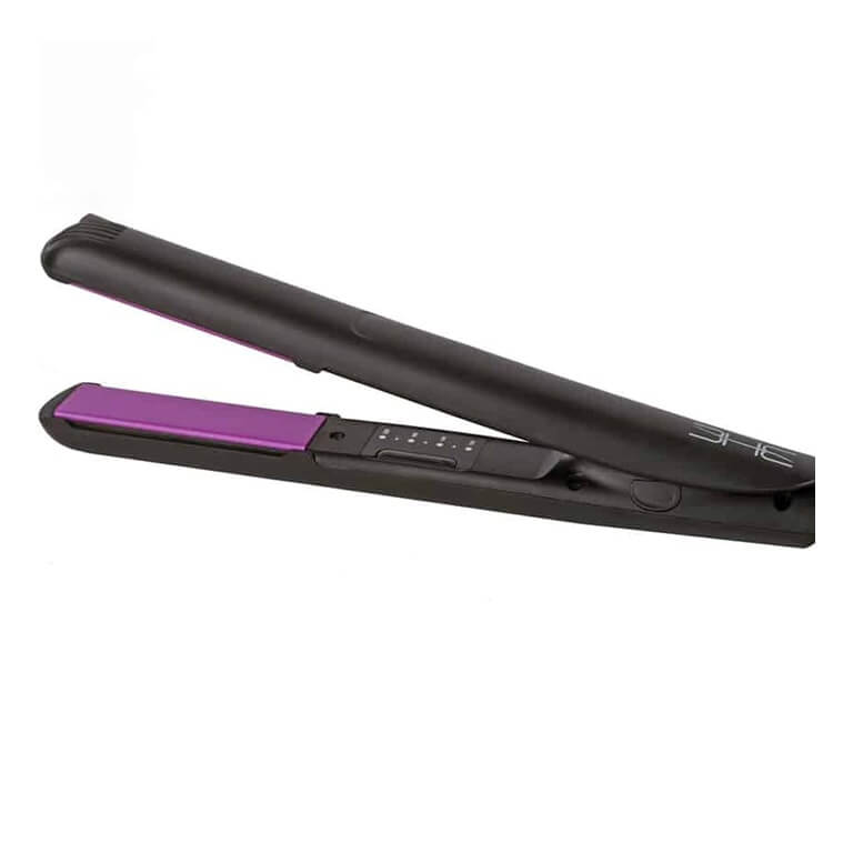 An BHE - Original black and purple hair straightener on a white background.