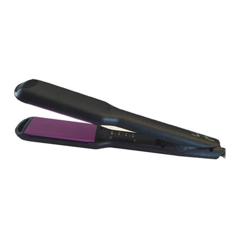 A BHE - Wide hair straightener with a purple handle.