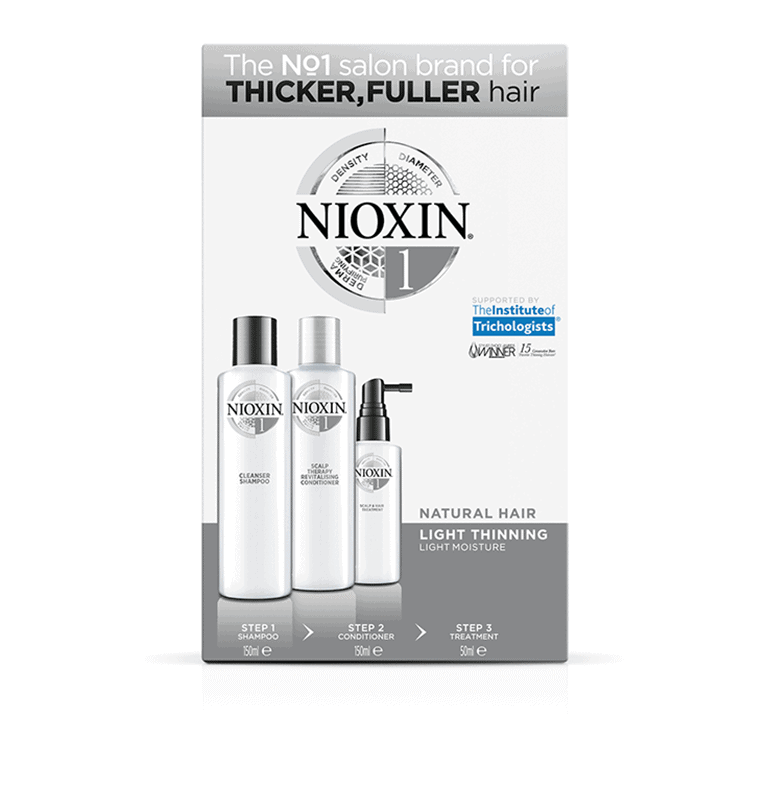 Nioxin thicker & fuller hair care kit.