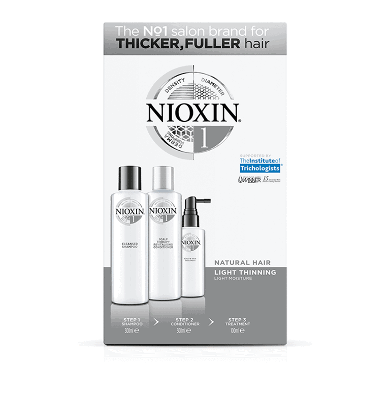 Nioxin thicker fuller hair kit.