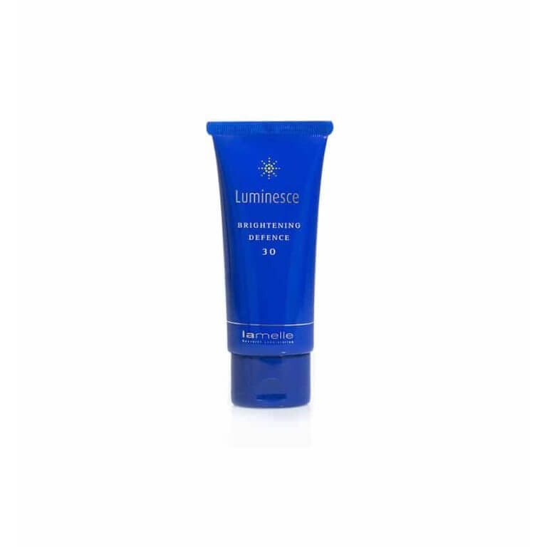 A tube of blue Lamelle - Luminesce Brightening Defense 30 cream on a white background.