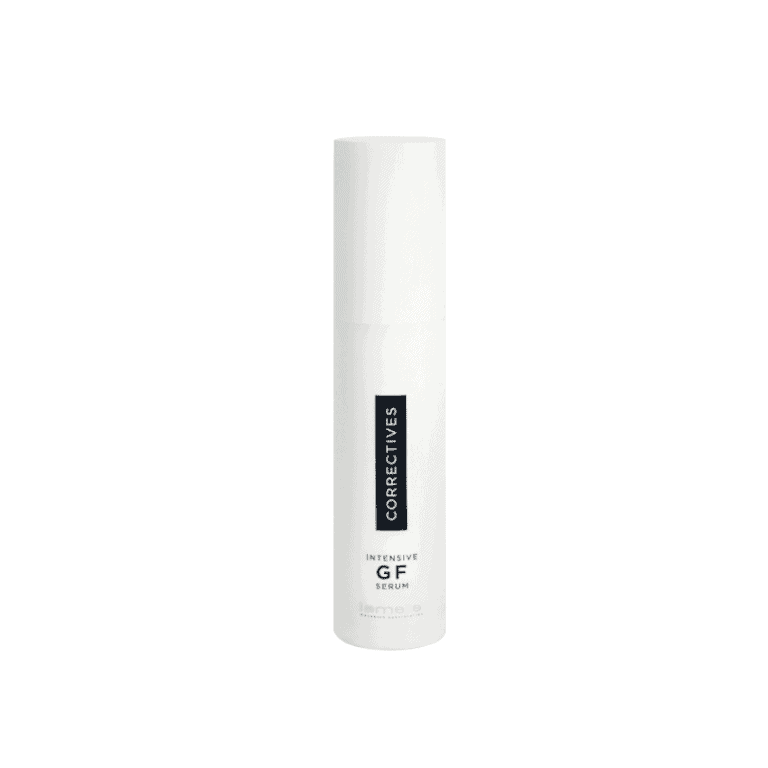 A white bottle with a white cap, Lamelle - Intensive GF Serum, on a white background.