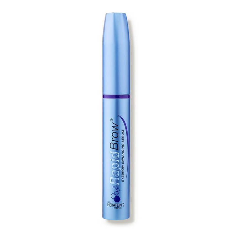 A blue tube of mascara on a white background for Rapid Brow.