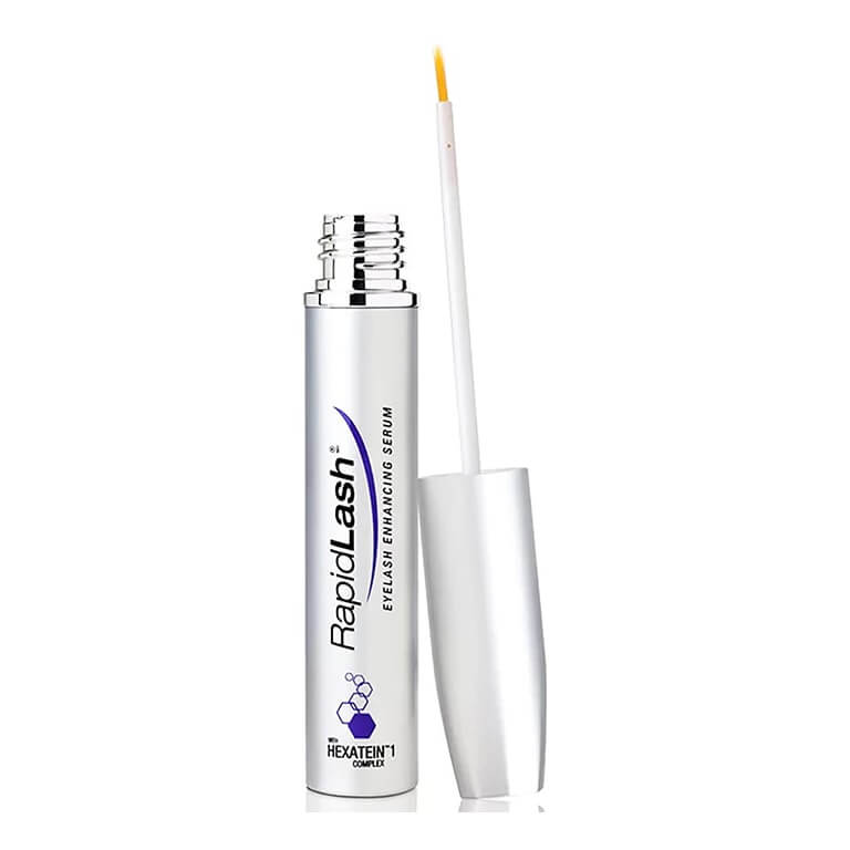 A bottle of Rapidlash serum with a white lid.