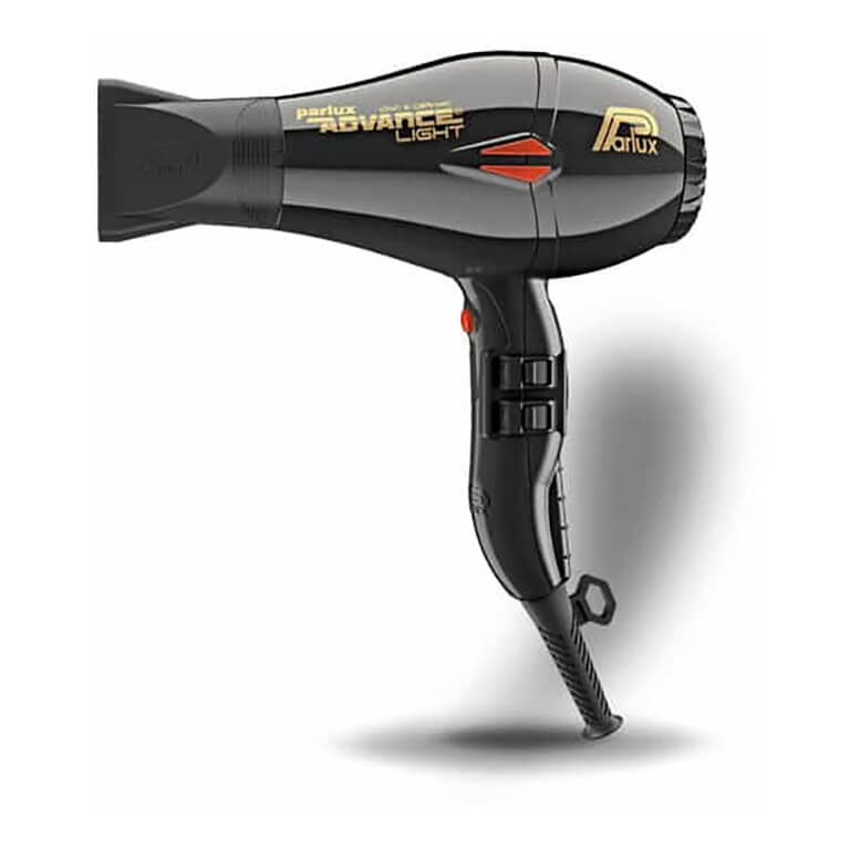 A black Parlux Advance Light Black hair dryer with yellow text.