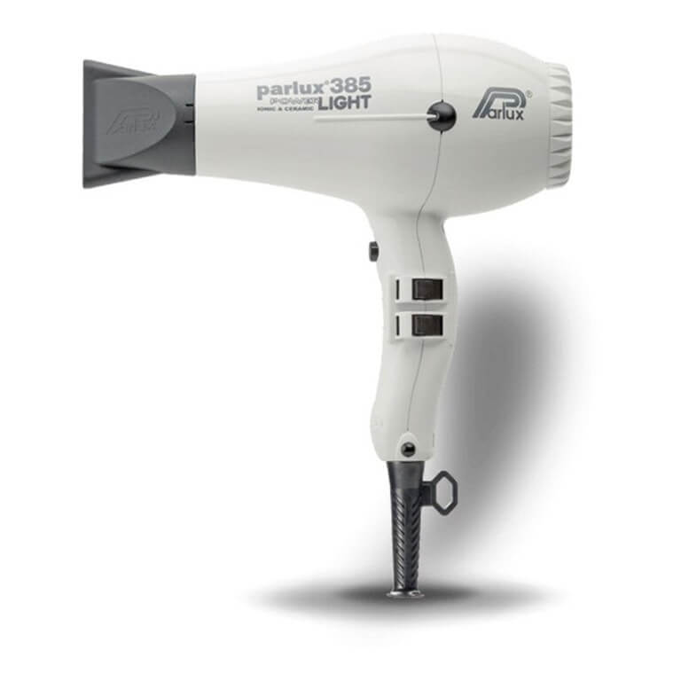 A white hair dryer with a black handle, the Parlux - Dryer Parlux 385 Power Light White.