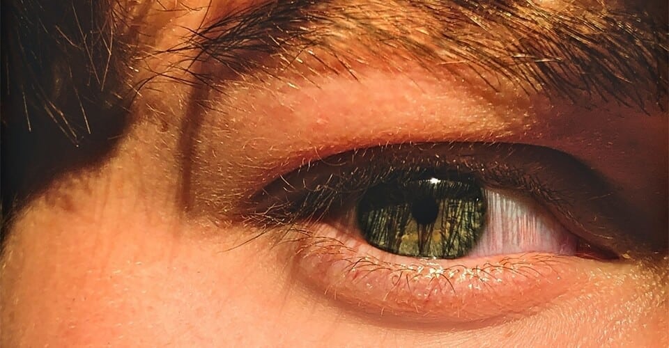 A close up of a person's eye with __green__ eyes.