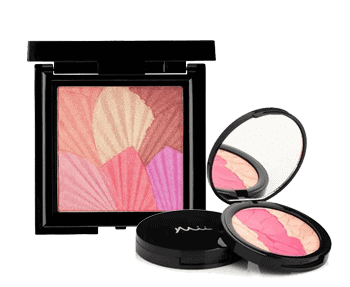 A compact with a pink blush and a compact with a pink blush.
