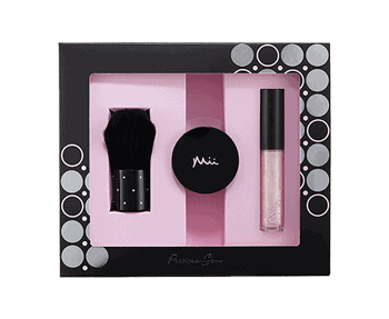 A pink box with a makeup set in it.