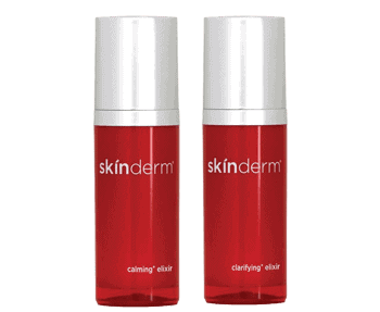 Two bottles of skinderm hydrating serum on a white background.