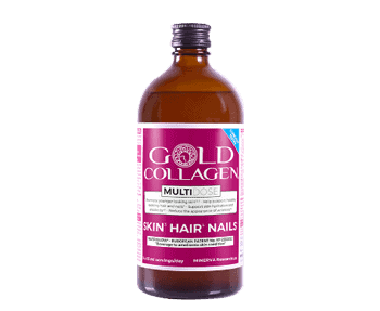 A bottle of gold collagen for hair and nails.