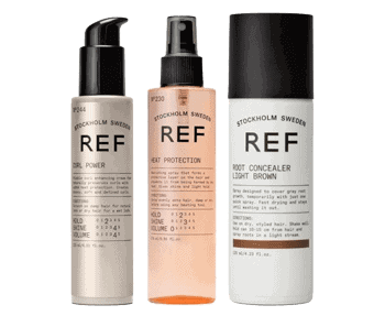 Three bottles of ref products on a white background.