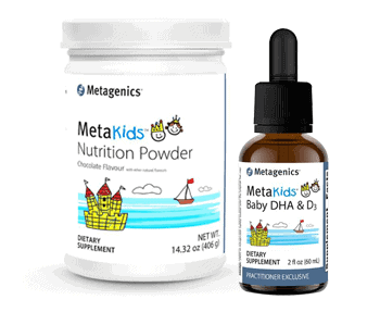 Metakids nutrition powder and bottle.