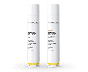 Two bottles of dermaceutic hair care products on a black background.