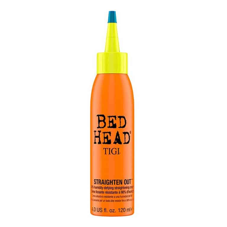 A bottle of TIGI - Bed Head - Straighten Out Cream 120ml on a white background.