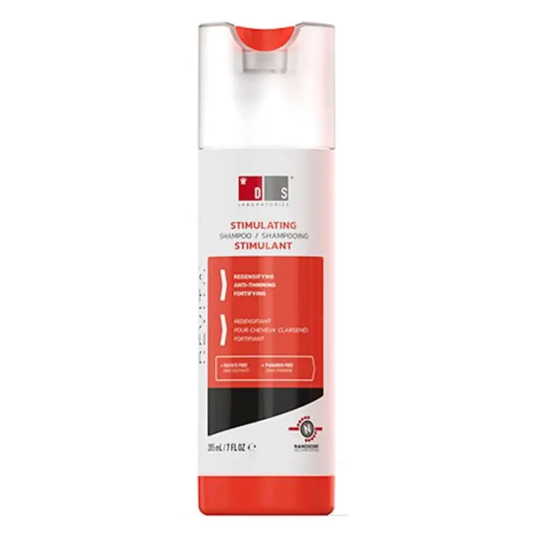A bottle of DS Laboratories hair conditioner with red and black stripes.