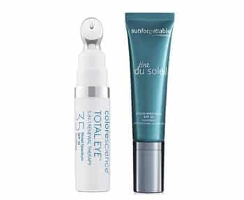 The total eye treatment and a tube of eye cream by Colorescience on a white background.