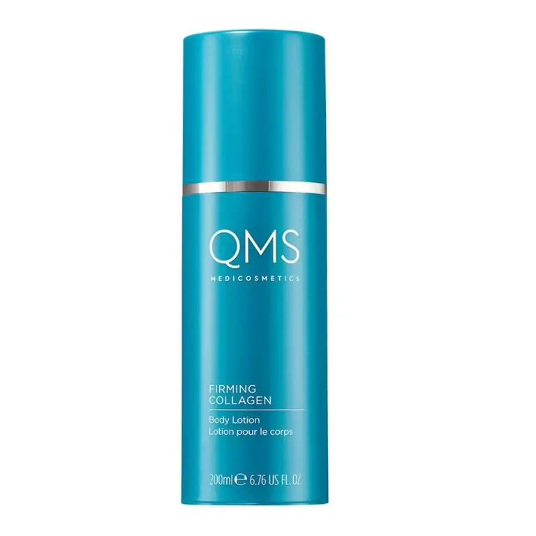 A bottle of QMS - Firming Collagen Body Lotion 200ml on a white background.