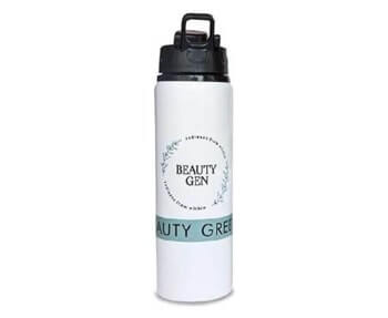 A white water bottle with the word beauty gen on it.