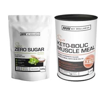 Mww zero-sugar muscle meal and a can of sugar.