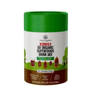 A container of Nature's Nutrition - Kiddies Superfood - Raw Chocolate 300g with a green background.