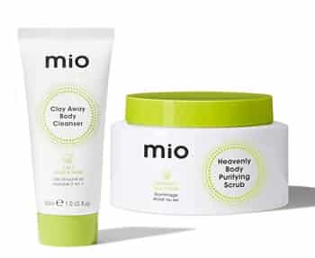 A tube of mio body scrub and a tube of body lotion.