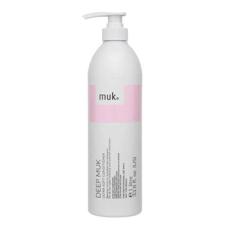 A bottle of Deep Muk Ultra Soft Conditioner 1L on a white background.