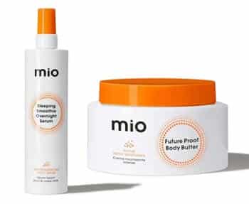 A bottle of mio body butter and a bottle of body lotion.