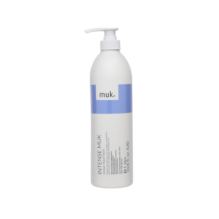A bottle of Intense Muk Repair Treatment 1L from Muk on a white background.