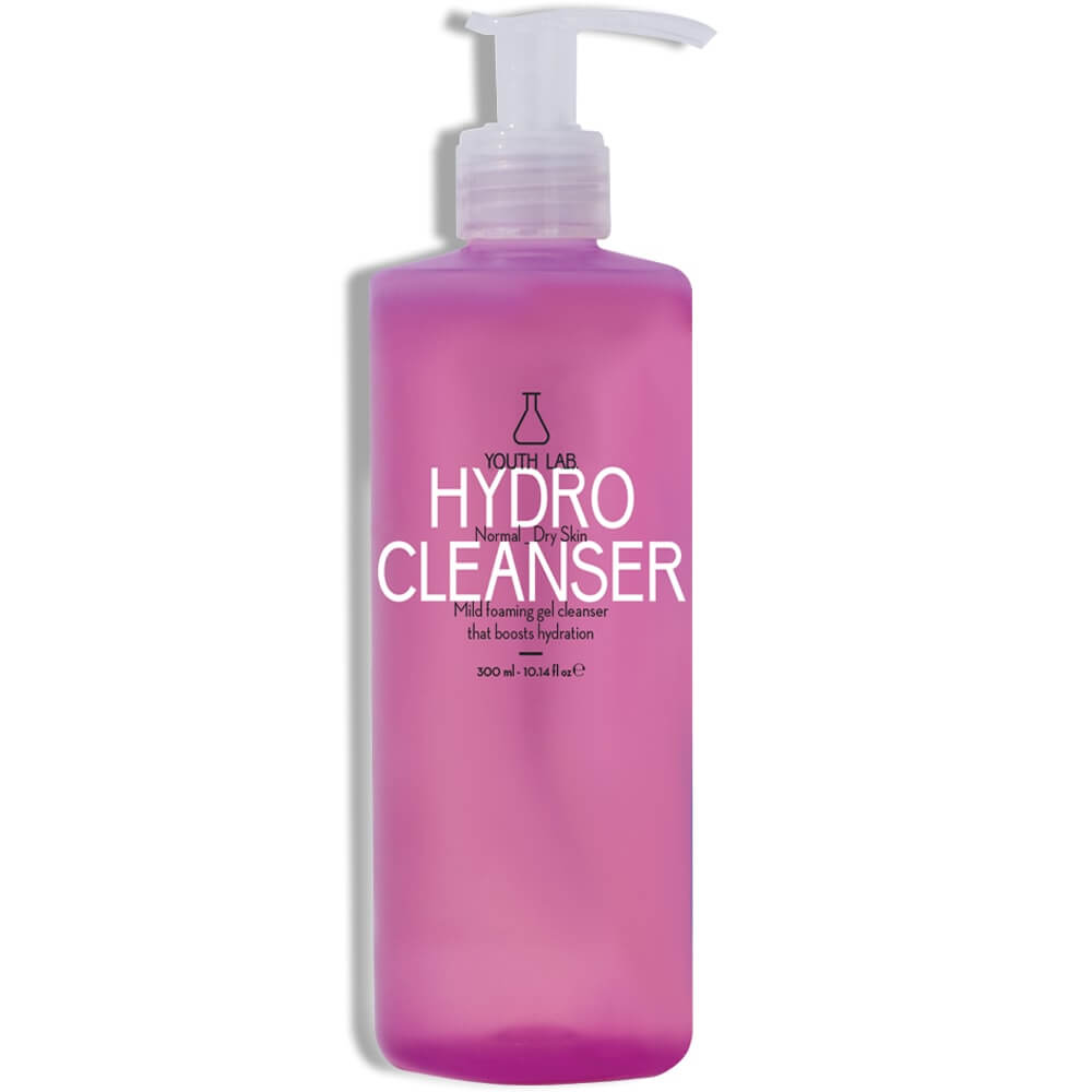 A pink bottle of Youth Lab - Hydro Cleanser: normal/dry 300ml on a white background.