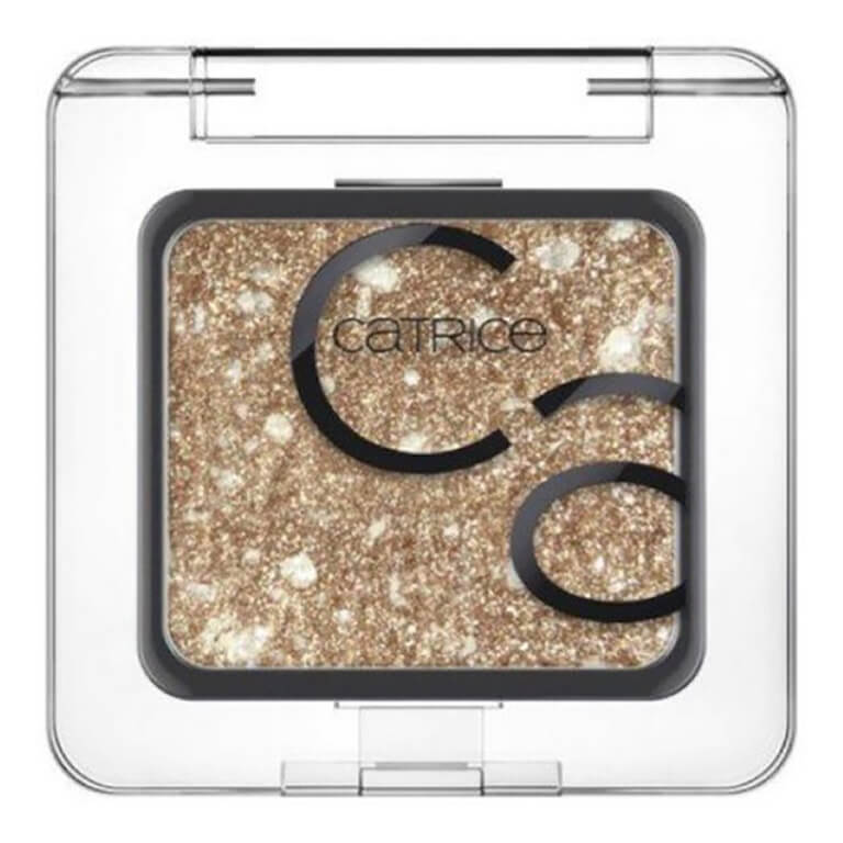 A gold glitter eyeshadow in a clear container from Catrice - Art Couleurs Eyeshadow 350.