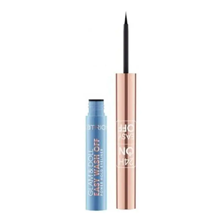 A tube of Catrice - Glam & Doll Easy Wash Off Power Hold Eyeliner 010 with a brush and a tube of mascara.
