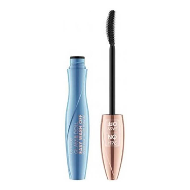 A mascara with a black tube and a black brush from Catrice - Glam & Doll Easy Wash Off Power Hold Volume Mascara 010.