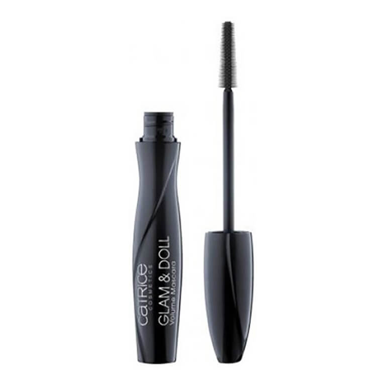 A black Catrice - Glam & Doll Volume Mascara 010 with a black tube on a white background.