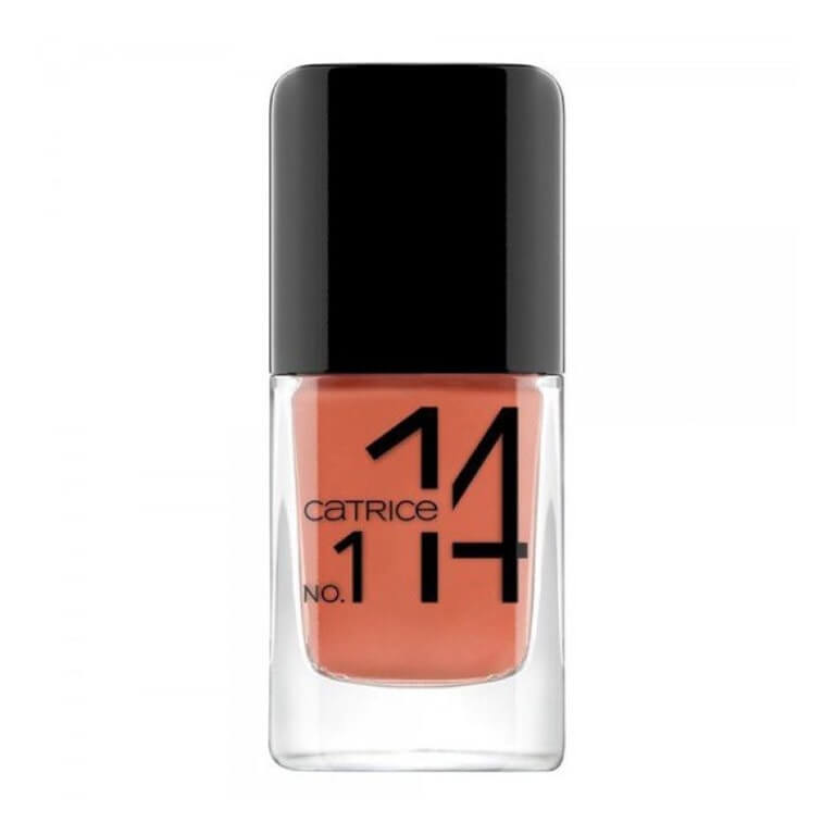 A bottle of Catrice - ICONAILS Gel Lacquer 114 nail polish in a peach color.