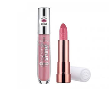 Essence makeup - A pink lipstick and a pink lipgloss on a white background.
