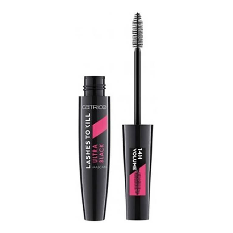 A Catrice - Lashes to Kill Ultra Black Mascara 020 with a black tube against a white background from Catrice.