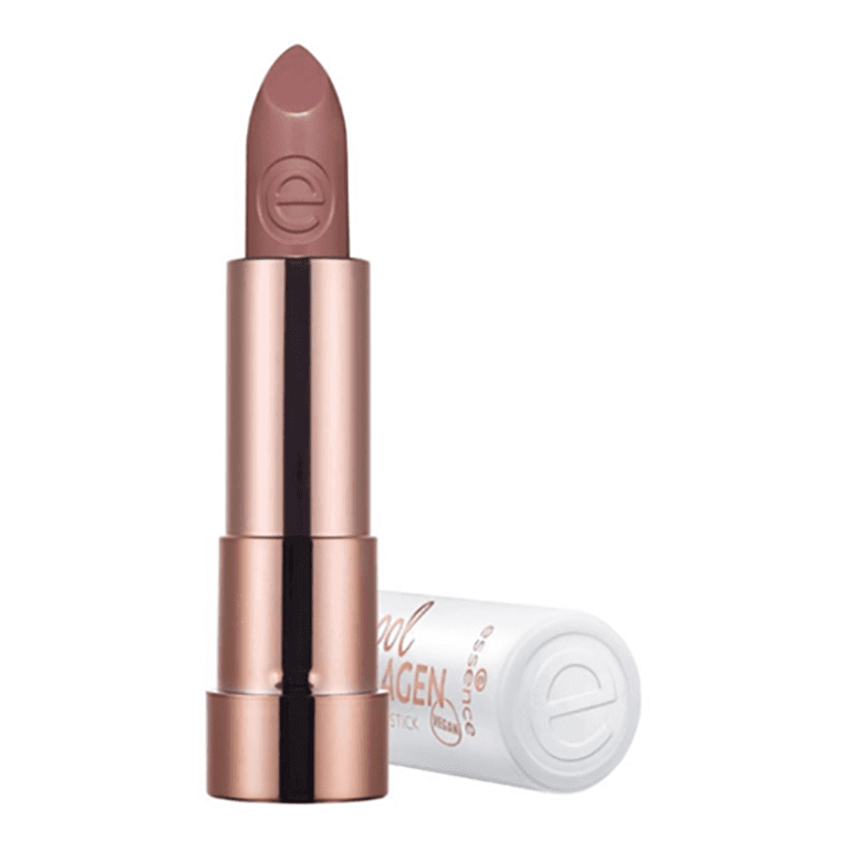 A lipstick with Essence - Cool Collagen Plumping Lipstick 203 color and a white background.
