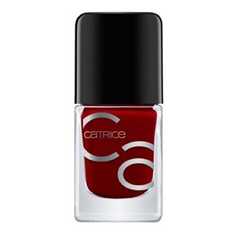 A bottle of red Catrice - ICONAILS Gel Lacquer 03 on a white background.