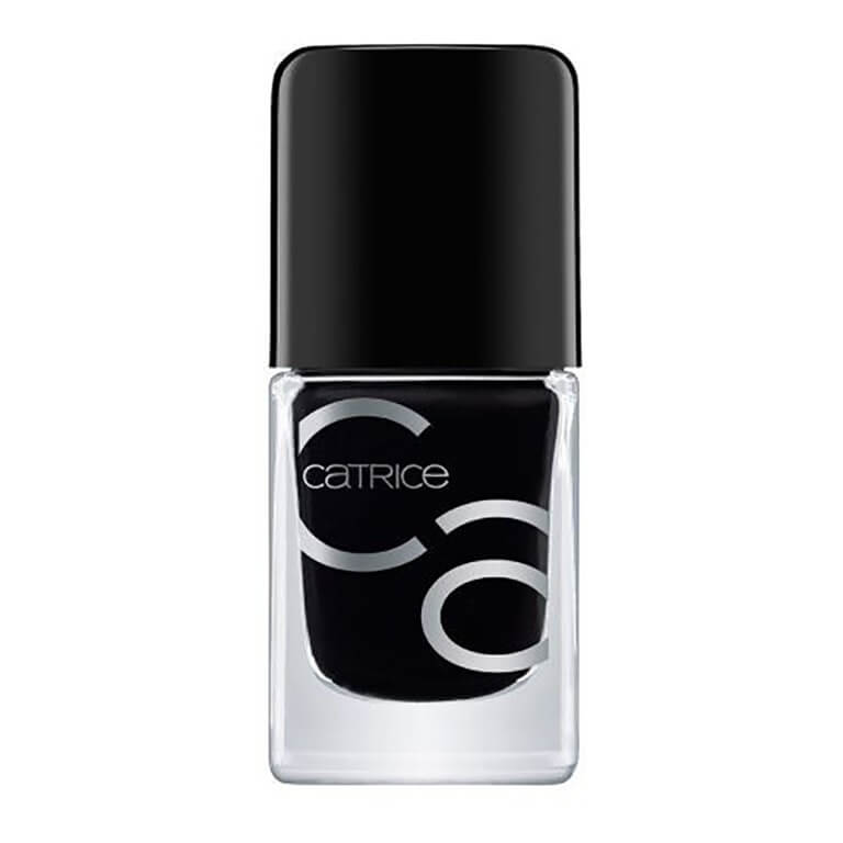 A bottle of Black Catrice - ICONAILS Gel Lacquer 20 nail polish on a white background.