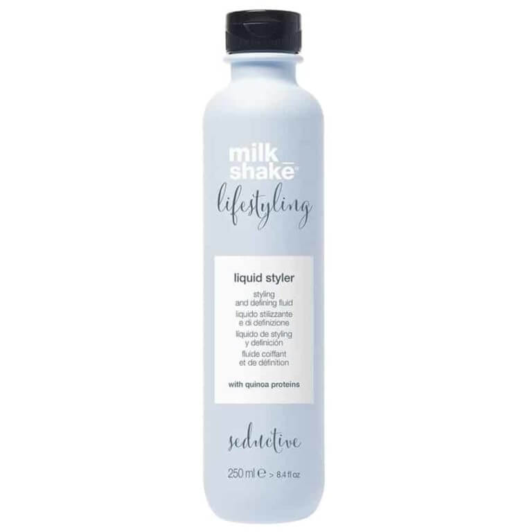 A bottle of Milkshake - Liquid Styler 250ml hairspray on a white background.