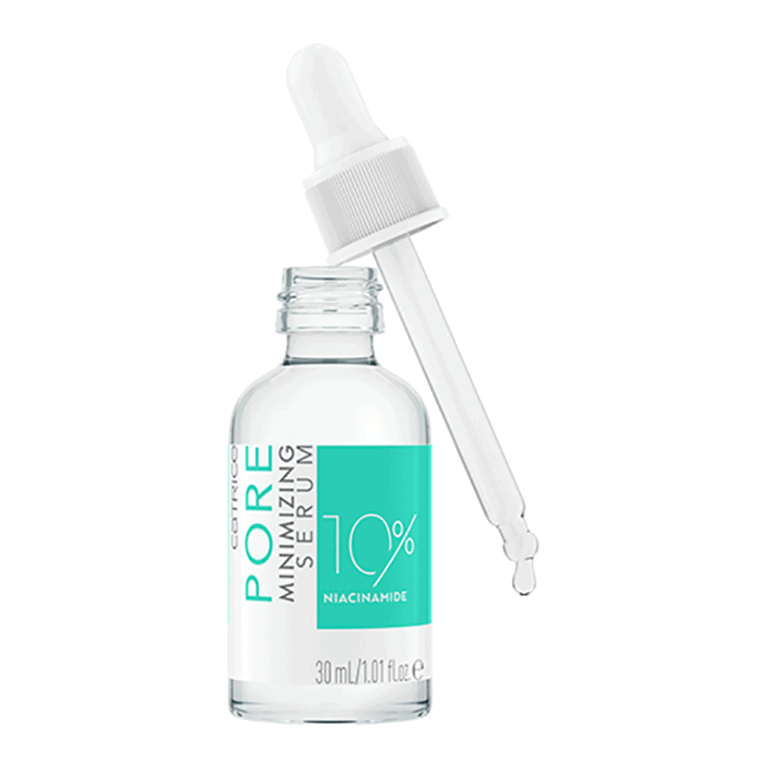A bottle of Catrice - Pore Minimizing Serum with a dropper.