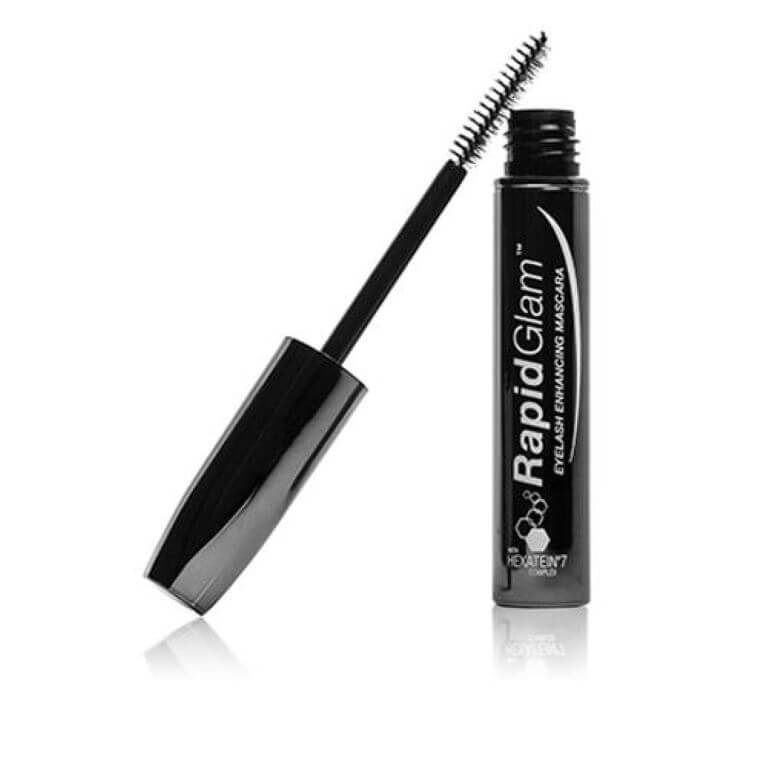 A black mascara with a black brush on a white background from the Rapidglam.