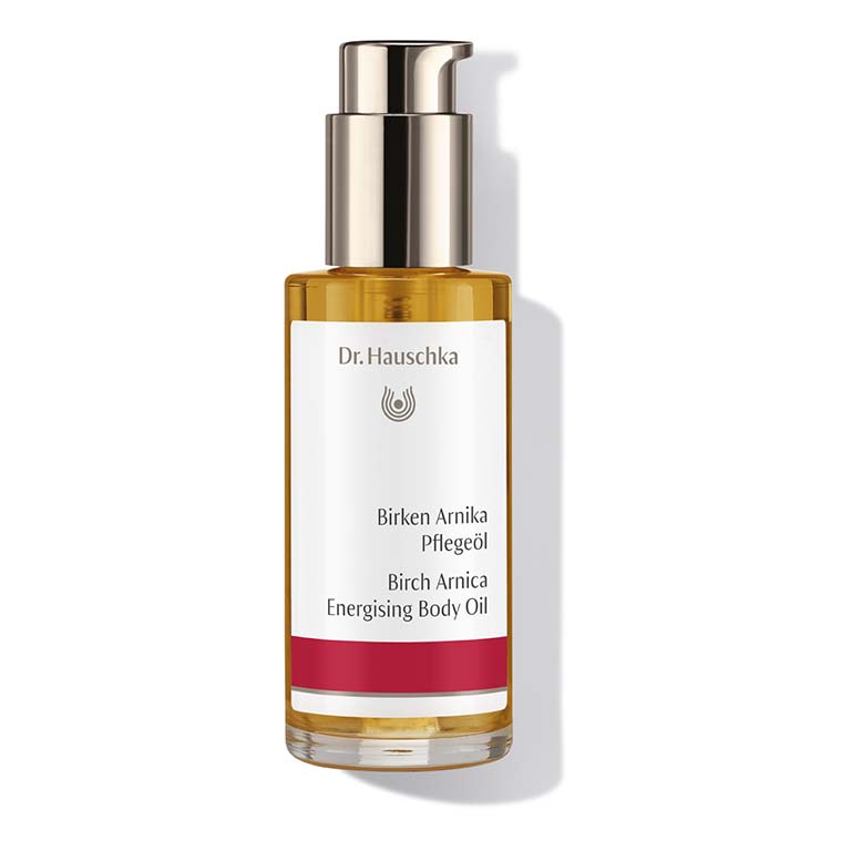 Sentence with product name: Dr. Hauschka - Birch Arnica Energising Body Oil 75ml.
