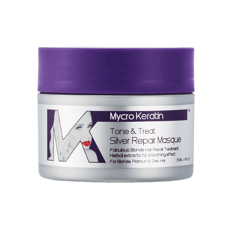 A purple jar with a white m on it, filled with MycroKeratin - Tone & Treat Silver Masque 250ml.