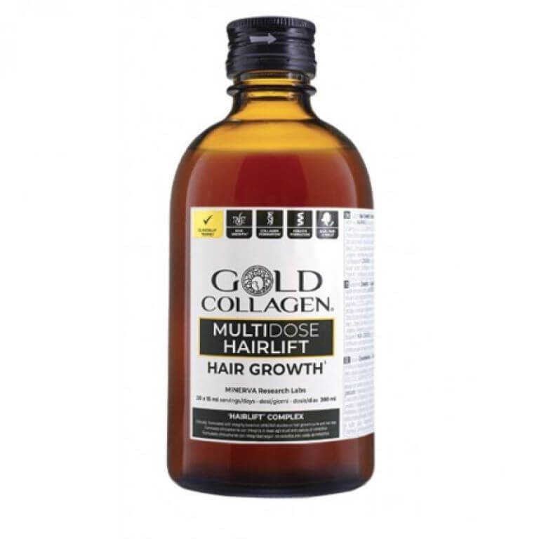 A bottle of Gold Collagen - Hairlift 300ml hair growth oil.