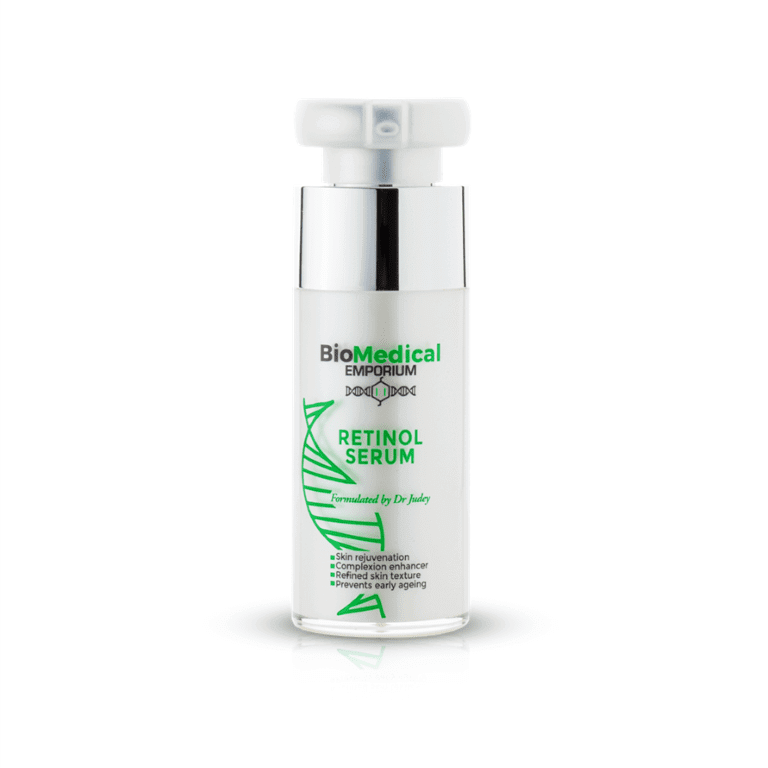 A bottle of dna serum from Biomedical Emporium on a white background.