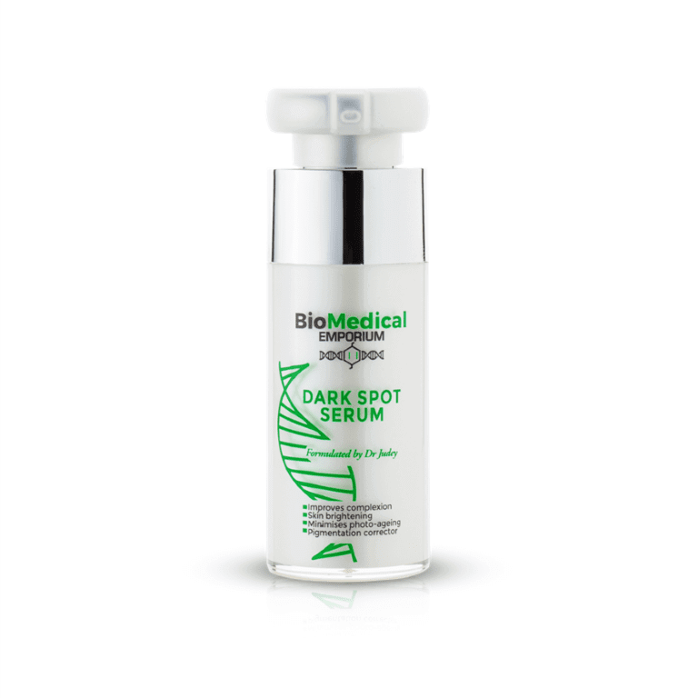 A bottle of DNA serum from Biomedical Emporium on a white background.