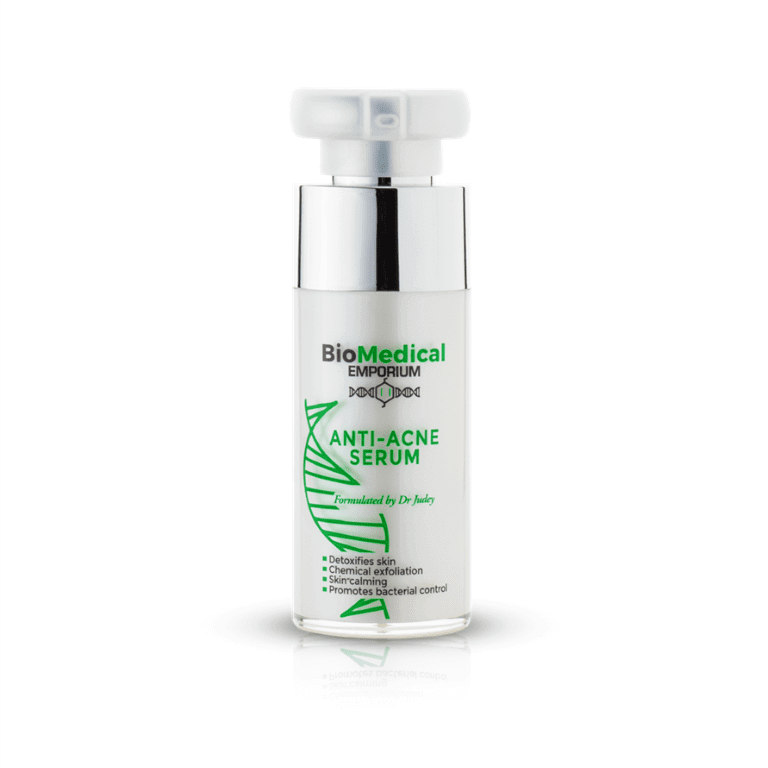 A bottle of biomedical serum from the biomedical emporium on a white background.