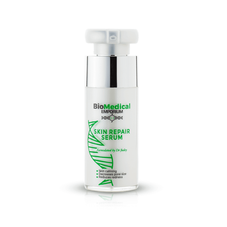 A bottle of biomedical emporium dna repair serum on a white background.